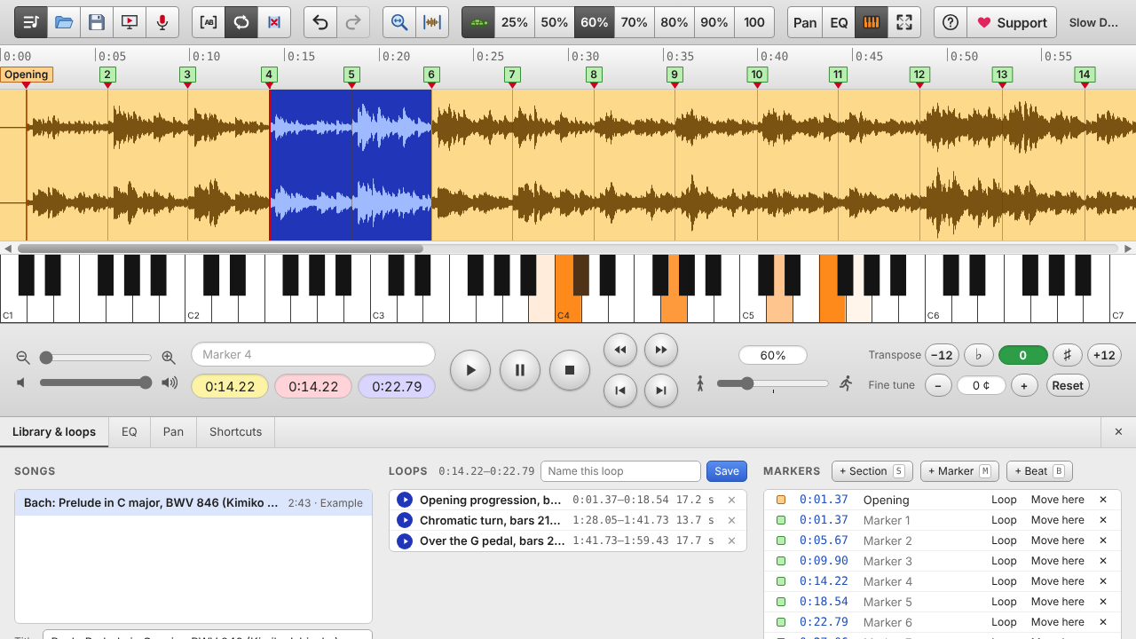 Slow Down Buddy: a song's waveform with bar markers, a blue loop, the speed presets and the transpose buttons