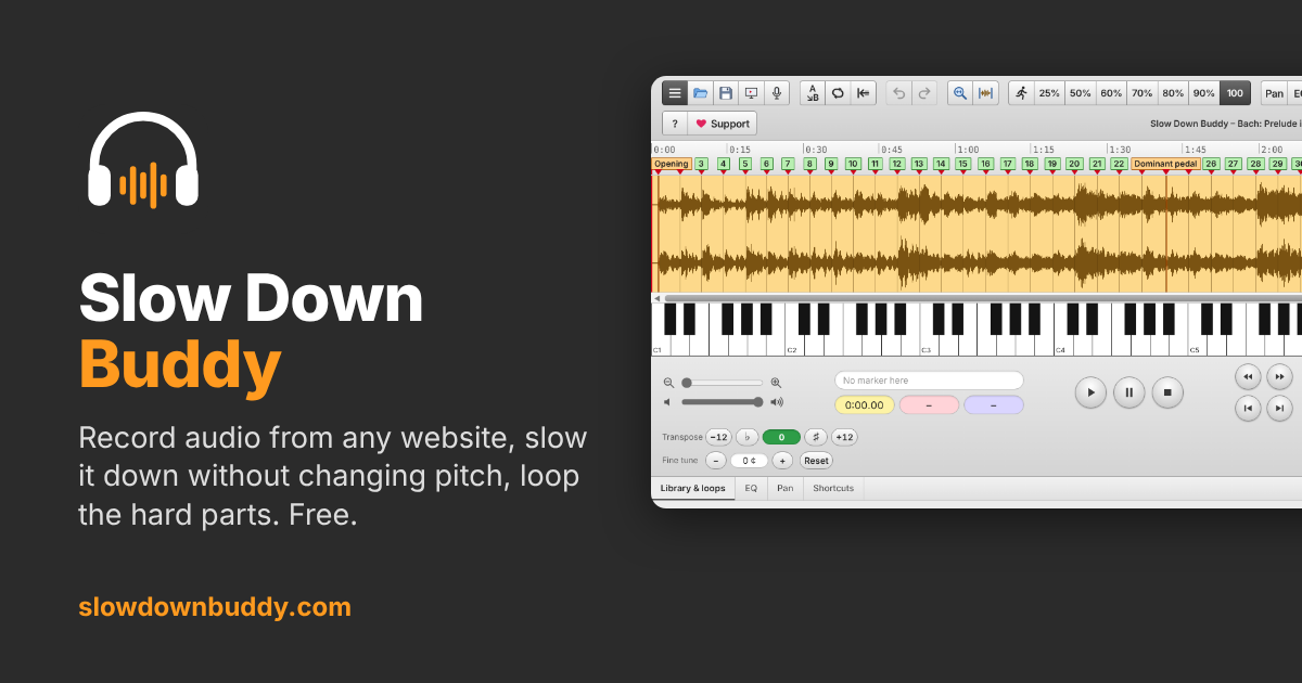 I built a free browser app that records a song from any tab and lets you slow it down to learn it by